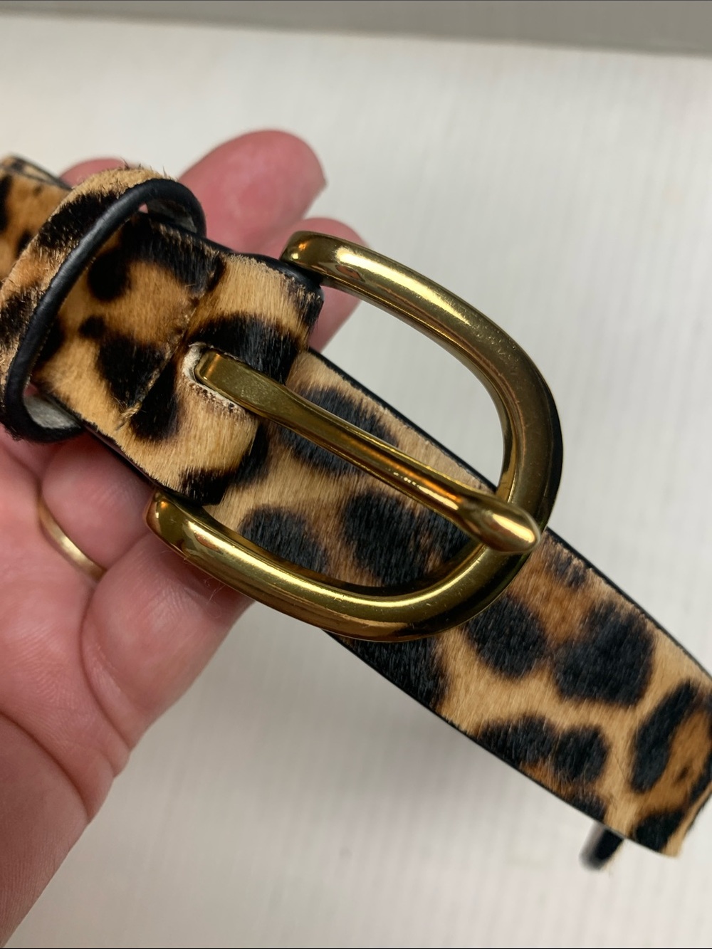 J Crew Calf Hair Belt In Leopard Print Genuine Leather Size Large Gold Buckle - Picture 3 of 4